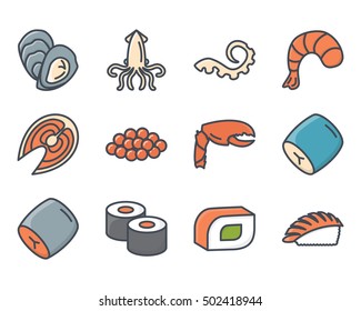 Sea Food Icon Set Colored