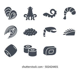 Sea Food Icon Set Solid silhouette