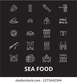 Sea food icons editable line icons vector set on black background. Sea food icons white outline illustrations, signs, symbols
