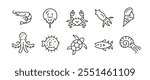 Sea Food icons. Set of 10 sea life trendy minimal icons. Fish, shrimp, octopus, starfish, turtle, shark. Design signs for web page, mobile app, packaging design. Vector illustration