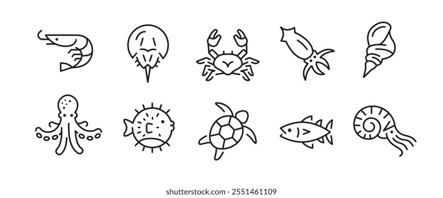 Sea Food icons. Set of 10 sea life trendy minimal icons. Fish, shrimp, octopus, starfish, turtle, shark. Design signs for web page, mobile app, packaging design. Vector illustration