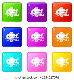 Sea food icons set 9 color collection isolated on white for any design