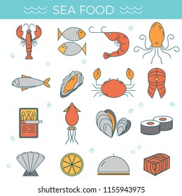 Sea food icons set. Modern design line style symbols