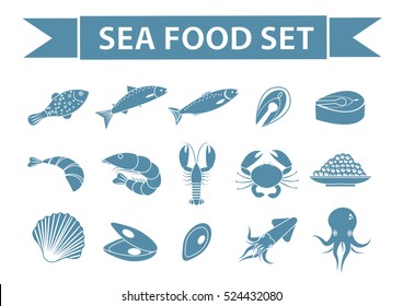 Sea food icons set vector, silhouette, shadow style. Seafood collection isolated on white background. Fish products illustration, design element