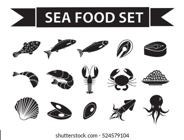 Sea food icons set vector, silhouette, shadow style. Seafood collection isolated on white background. Fish products illustration, design element