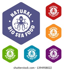 Sea food icons vector colorful hexahedron set collection isolated on white 