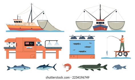 Sea food industry. Sea delicacies extraction process, valuable fish artificial breeding, fishing vessels, farm and aquarium, different boats tuna and shrimp, nowaday vector cartoon flat set