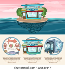 Sea food infographics shop fresh fish cook delivery truck vector set 