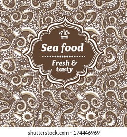 Sea food label on octopus tentacles - seamless pattern. 