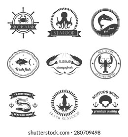 Sea food label set fresh fish premium quality restaurant stamps isolated vector illustration