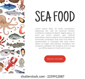 Sea food landing page. Flounder, mussel, mackerel, lobster, oyster, octopus sea products for restaurant menu web banner design template with space for text cartoon vector