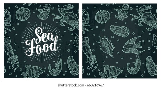 Sea food lettering and seamless pattern shell, cuttlefish, oyster, crab, shrimp, seaweed, fish. Vector engraving vintage illustrations. Isolated on dark background.