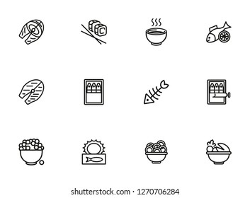 Sea food line icon set. Set of line icons on white background. Bowl, fish, sardines. Food concept. Vector illustration can be used for topics like eating, cooling, resting