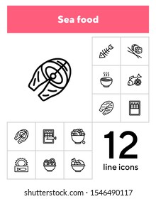 Sea food line icon set. Set of line icons on white background. Bowl, fish, sardines. Food concept. Vector illustration can be used for topics like eating, cooling, resting