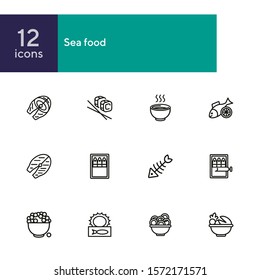 Sea food line icon set. Set of line icons on white background. Bowl, fish, sardines. Food concept. Vector illustration can be used for topics like eating, cooling, resting