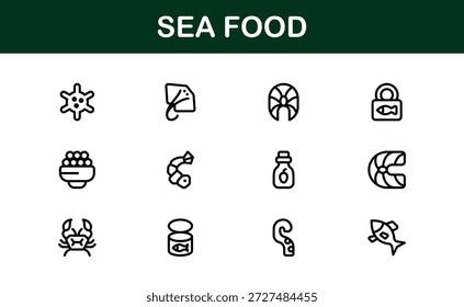 Sea Food Line Icon Set - Professionelle minimale Vektorsymbole für Meeresfrüchte-Liebhaber, Restaurants und kulinarisches Branding