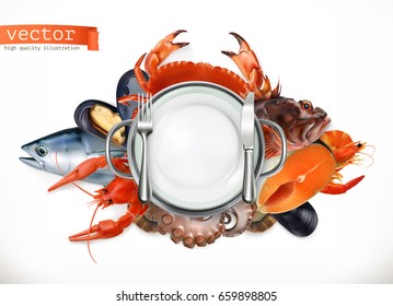 Sea food logo. Fish, crab, crayfish, mussels, octopus 3d vector icon, realism style