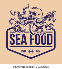 Sea Food Logo With Octopus Hand Drawing