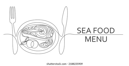 Menú de mariscos. Dibujo continuo de una línea de plato con pescado, verduras y limón
