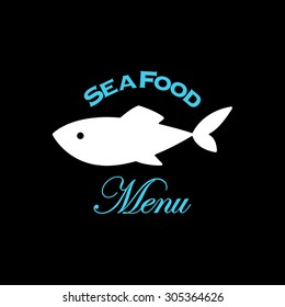 Sea food menu label with fish icon over black background