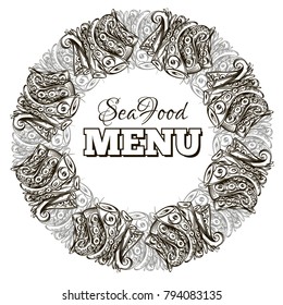 Sea food menu. Round frame with octopus tentacles. Outline vector illustration isolated on white background.