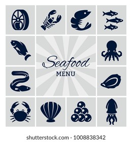 Sea food menu silhouette icons on grey backdrop. Vector illustration