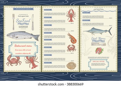 Menú de alimentos marinos, plantilla de alimento marino ilustración vectorial