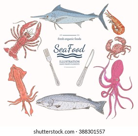 Sea food menu template watercolor hand drawn vector illustration 