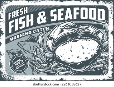 Sea food monochrome vintage poster crab and fish with squid for supermarket sign selling delicious seafood delicacies vector illustration