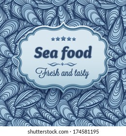 Sea food on seamless shells background. 