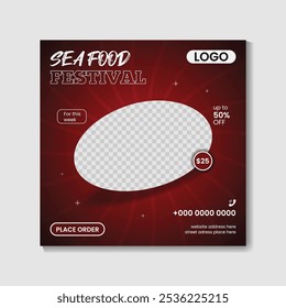 sea food online business marketing social media post design RGB color mode dark type background selling cooked food home delivery service fish recipe editable ads template