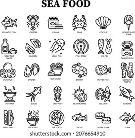 Sea food oultine flat vector icon collection set