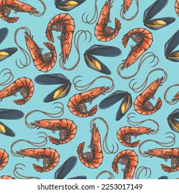 Sea food pattern seamless colorful fresh red shrimp with delicious gourmet mussels and seafood restaurant menu vector illustration