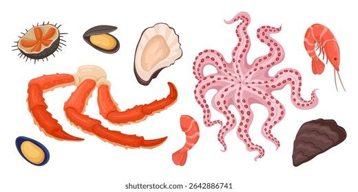 Comida marinha. Caranguejo cru, polvo, ostras e mexilhões, delicioso conjunto de ilustração vetor plano frutos do mar oceano. Cartoon mediterrâneo dieta comida
