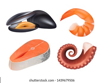Sea food realistic. Fresh fish meal salmon uncooked natural protein vector pictures of sea ocean food. Salmon and shrimp, squid tentacle, sea food delicacy illustration