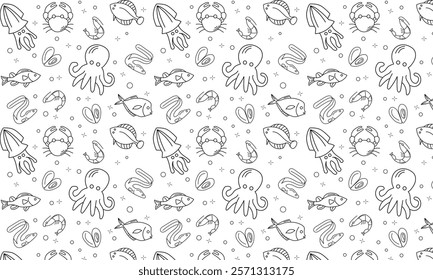 Sea Food Related Seamless Pattern and Background with Line Icons