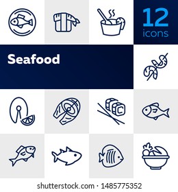 Sea food restaurant line icon set. Fish, rice, shrimp. Food concept. Vector illustration can be used for topics like food product, supermarket, restaurant