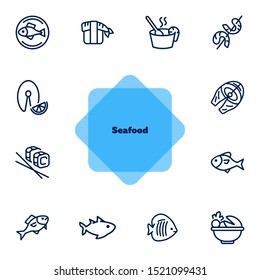 Sea food restaurant line icon set. Fish, rice, shrimp. Food concept. Vector illustration can be used for topics like food product, supermarket, restaurant