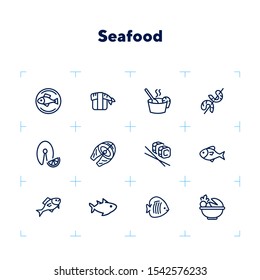 Sea food restaurant line icon set. Fish, rice, shrimp. Food concept. Vector illustration can be used for topics like food product, supermarket, restaurant