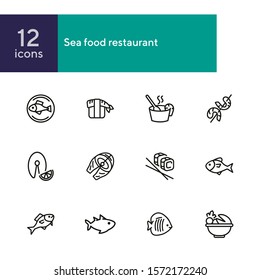 Sea food restaurant line icon set. Fish, rice, shrimp. Food concept. Vector illustration can be used for topics like food product, supermarket, restaurant