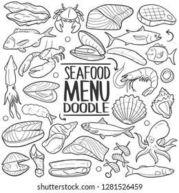 Sea Food Restaurant Menu Traditional Doodle Icons Sketch Hand Made Design Vector.