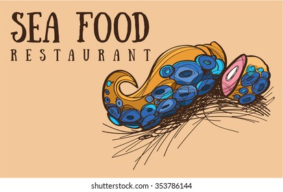 Sea food restaurant octopus, logo, menu