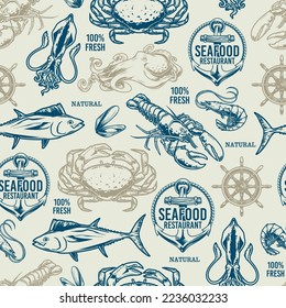 Sea food restaurant seamless pattern colorful fresh lobsters for delicious dinner and crabs with shrimp or tuna fish vector illustration