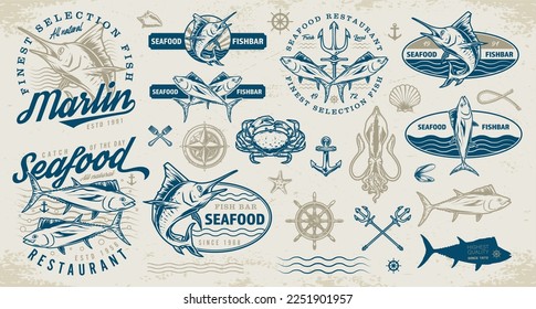 Sea food restaurant set stickers colorful for menu bar or cafe with appetizing marlin fish or Atlantic tuna vector illustration