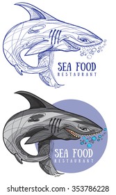 Sea food restaurant, shark, logo, menu
