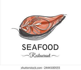 Sea food Restaurant. Vector illustration continuous one single line drawing of piece of salmon cut across in silhouette on a white background. 