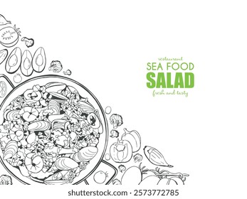 Sea food Salad in Bow with Vegetables Top View in Line Art, Vector Doodle Illustration