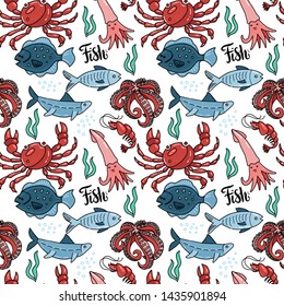 Sea food seamless patern with hand drawn doodle illusration in outline scandinavian style. Print isolated in white background. Many marine inhabitants - fishes, octopus, crab, squid, algae.