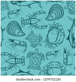 Sea Food Seamless Pattern Background for Menu of Cafes and Restaurants. Vector illustration.