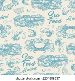 Sea food seamless pattern colorful natural underwater lobsters and ocean crabs for great dinner with oysters and mussels vector illustration